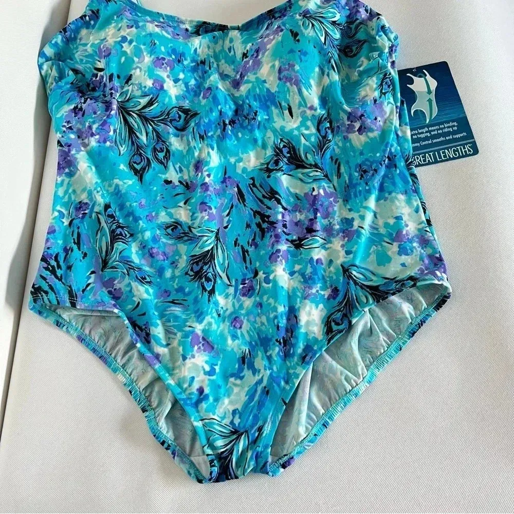 Great Lengths Full Coverage One Piece Swimsuit Size 24 Blue Multi Tummy Control - Image 4