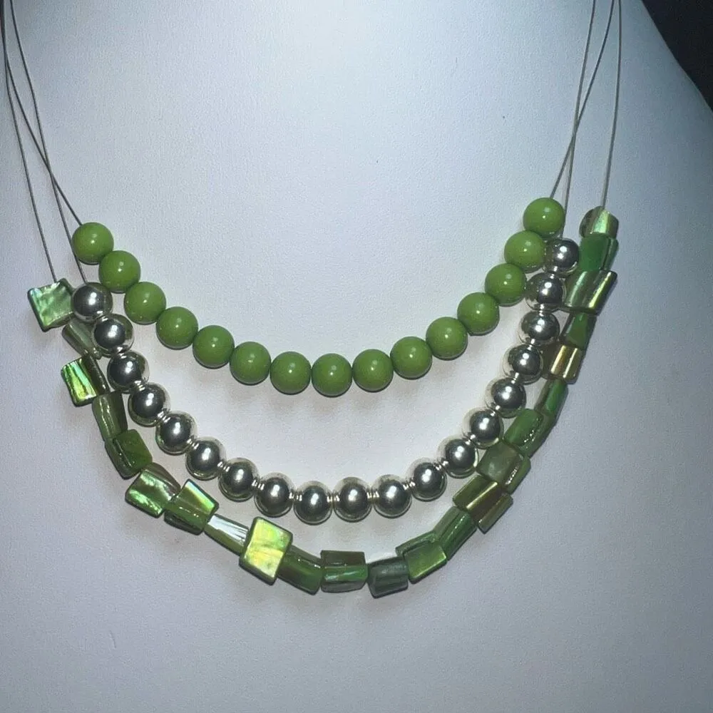 Triple Strand Green Beaded‎ and Shell Bib Statement Necklace - Image 5