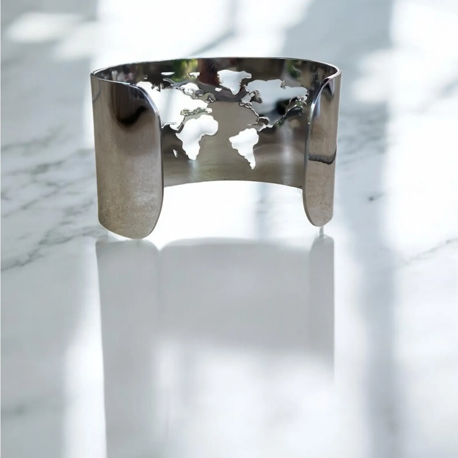 World Cuff Earth Map Bracelet & Ring Set NIB Silver - Image 3