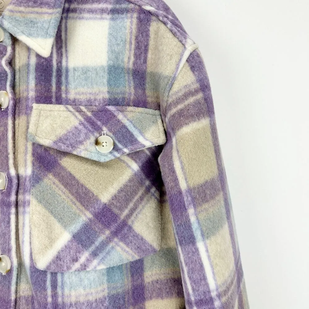 Blank NYC Plaid Cropped Shacket Jacket Coat Relaxed Neutral Fleece Revolve M - Image 9