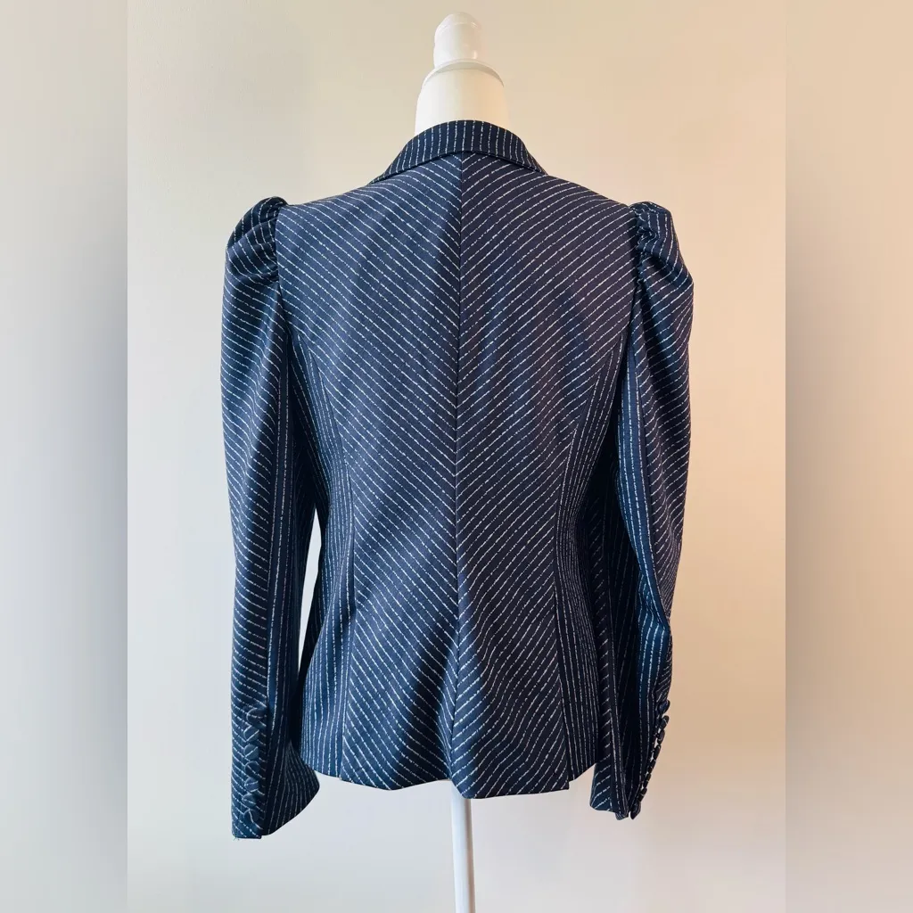 Womens Ryegrass Blue Stripe Puff Sleeve One Button Jacket Size 12 - Image 2