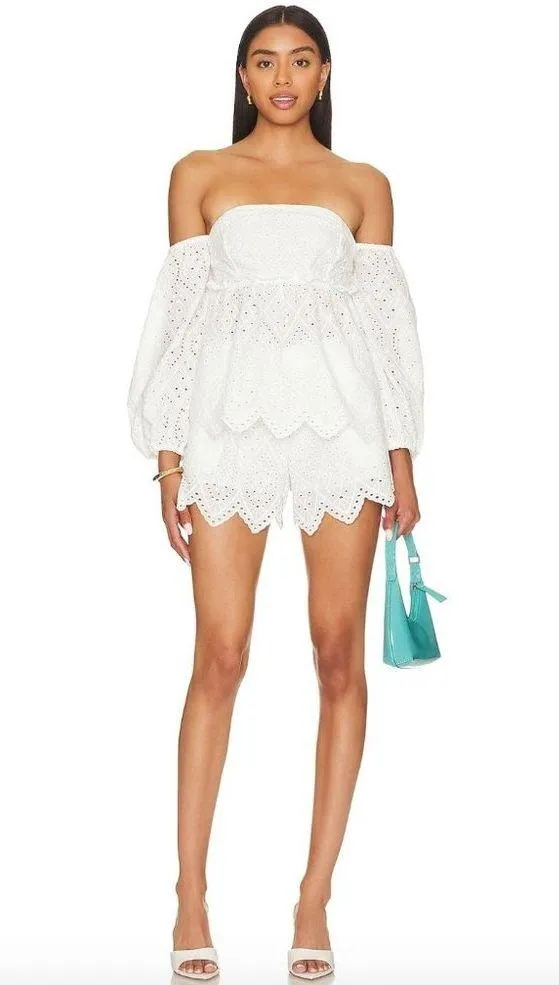 MISA Los Angeles Sera Off The Shoulder Scalloped Eyelet Top White Womens Size M - Image 4