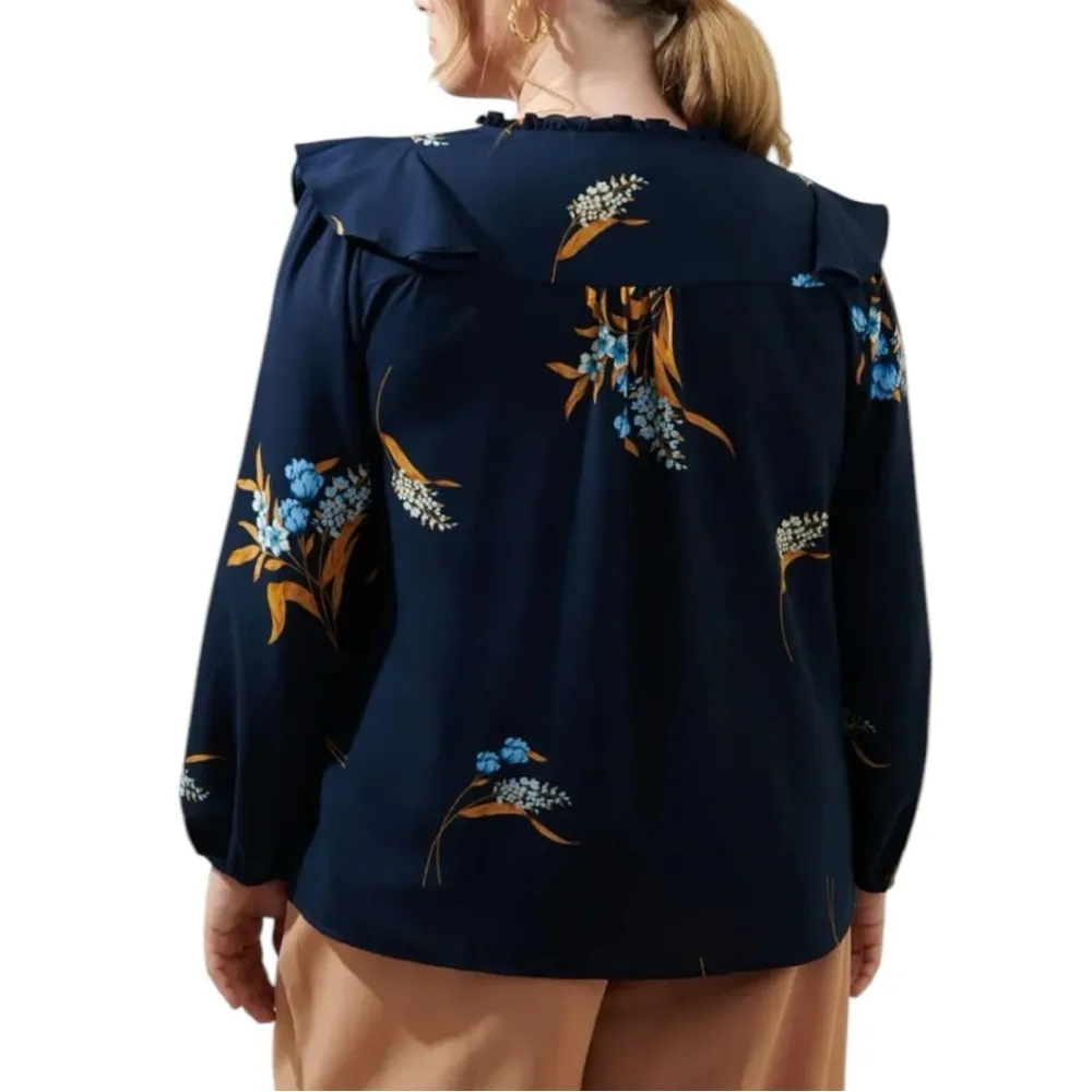 Sugarlips Dusk Bloom Floral Wilhem Ruffle Blouse size 3X Long Sleeve NWT Navy - Image 2