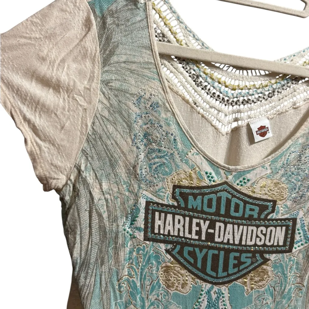 Harley-Davidson Graphic Top Crochet Back Detail /Beaded Metallic in Front Sz L - Image 6