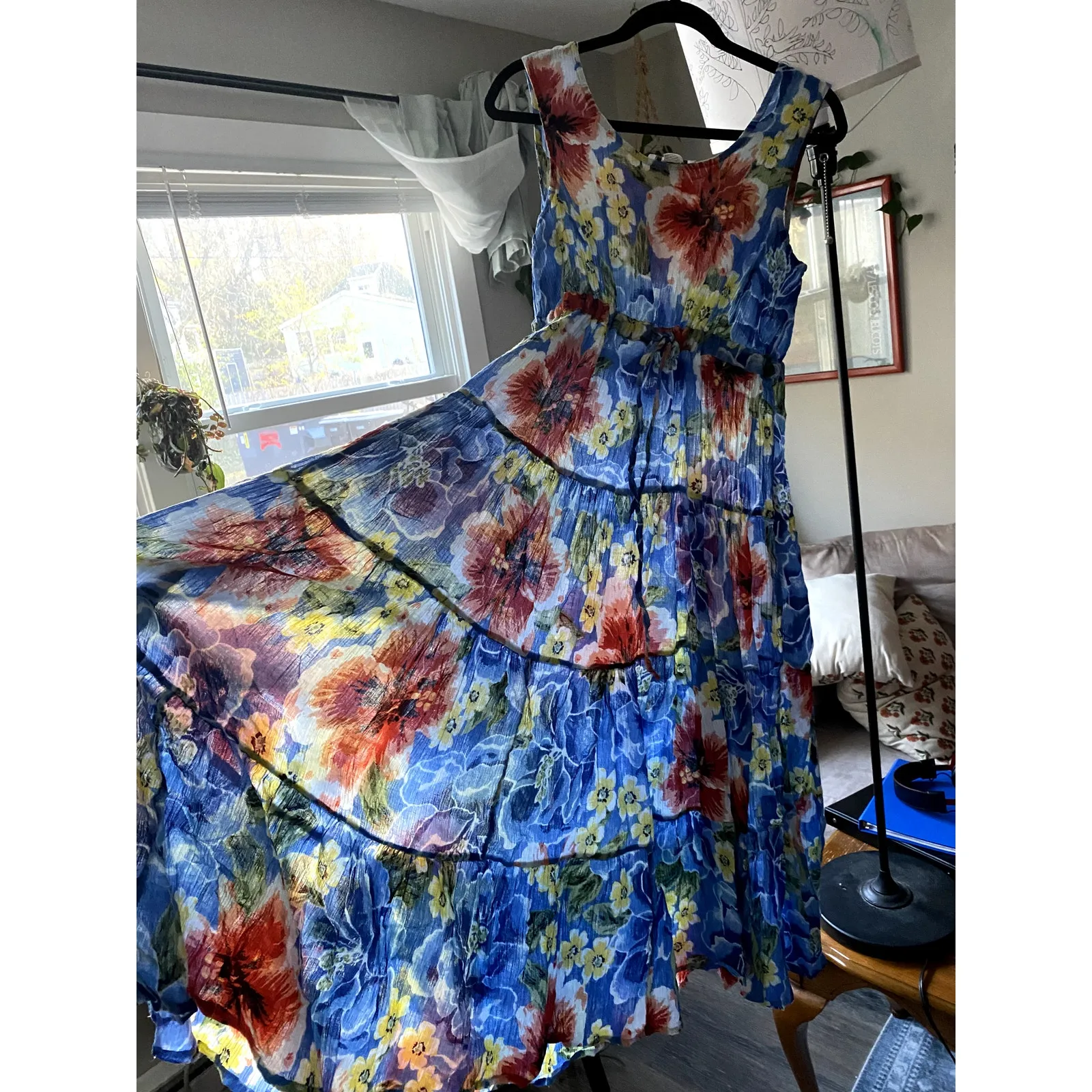 Vintage Floral Cotton Blue Maxi Dress Large Island Girl Flowy Sheer Tiered Femme - Image 4