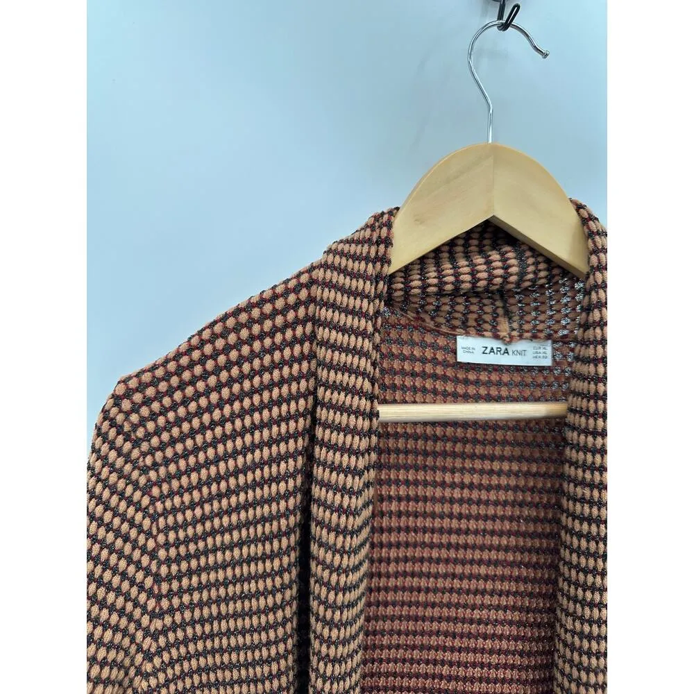 Zara Sweater Women XL Tan Black Red Long Sleeve Open Front Knit Cardigan - Image 5