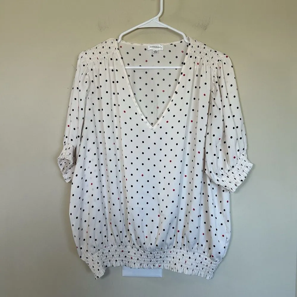 Summersalt Womens Polka Dot‎ Puff Sleeve Top XL V-Neck Smocked Hem Cream NWOT - Image 2