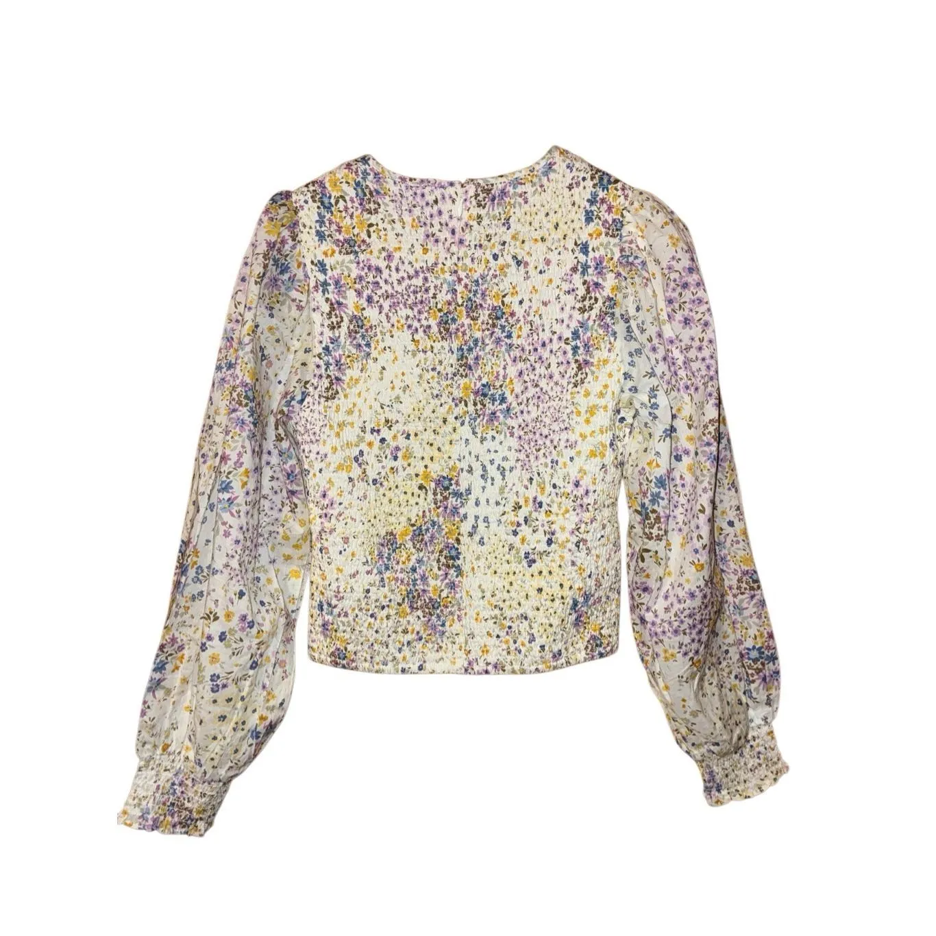 1. State 100% Cotton smocked floral long sleeve bishop sleeve Blouse size small - Image 4