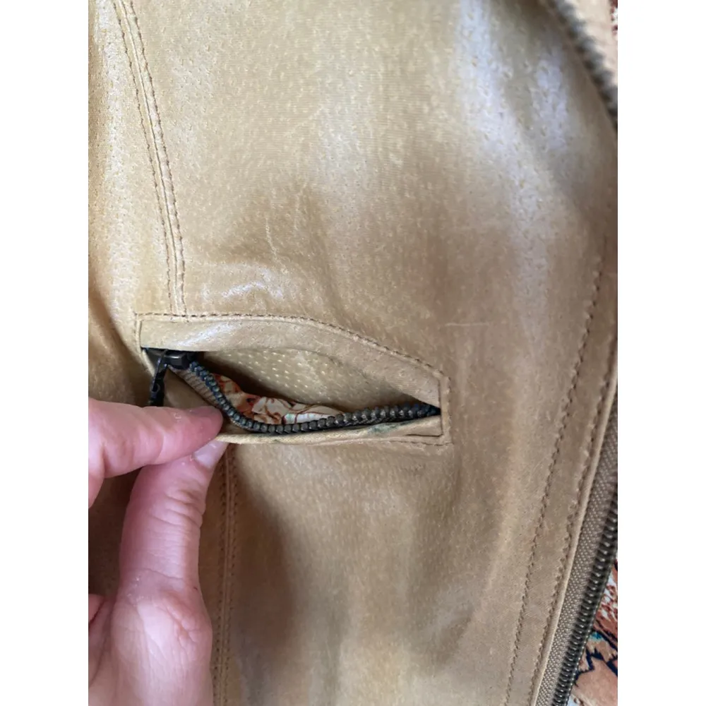 Ruff Hewn Camel Leather Jacket Moto World Map-Lined Traveler Parisian Scandi - Image 13