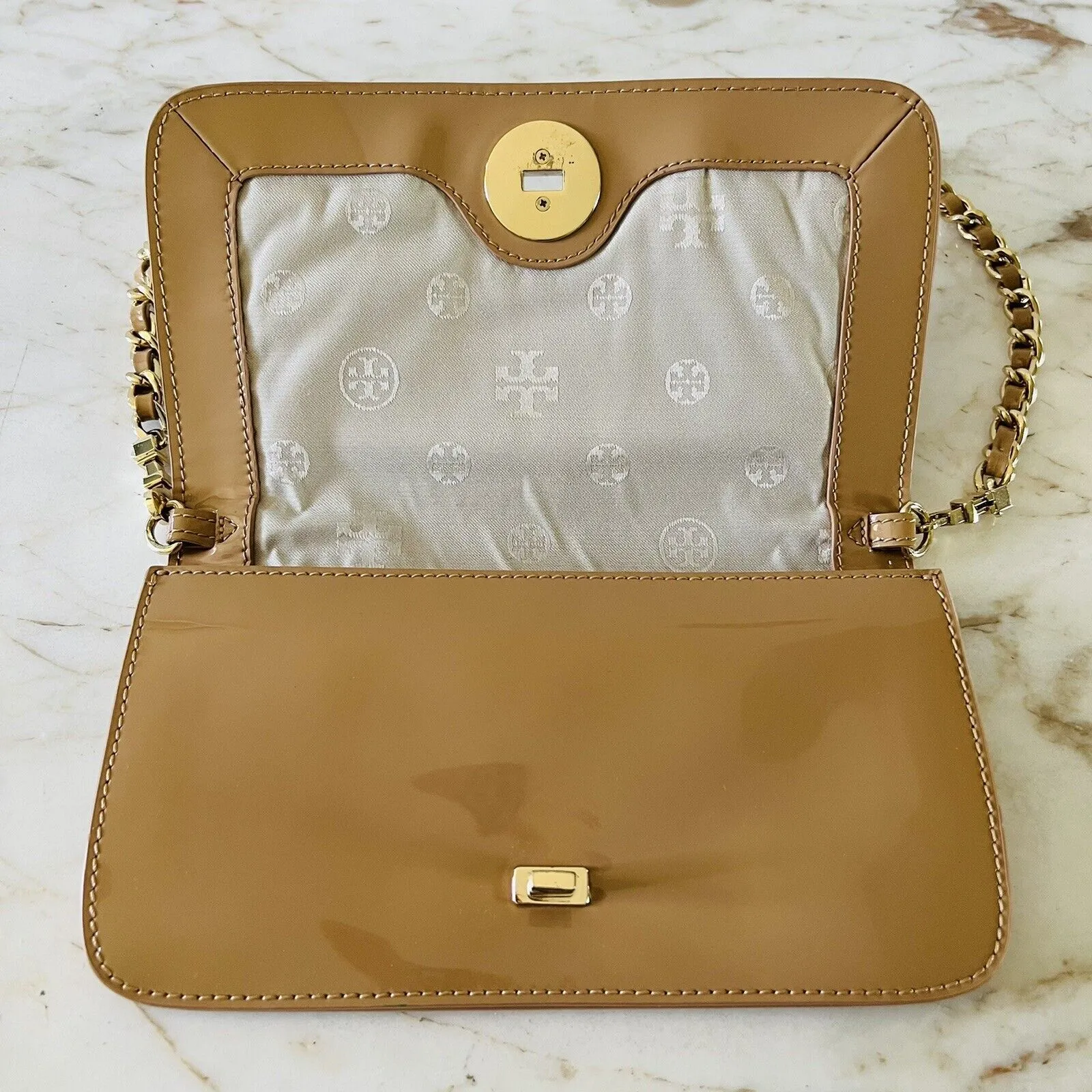 TORY BURCH Tan Patent Leather Gold Braided Chain Strap Clutch Shoulder Bag - Image 9