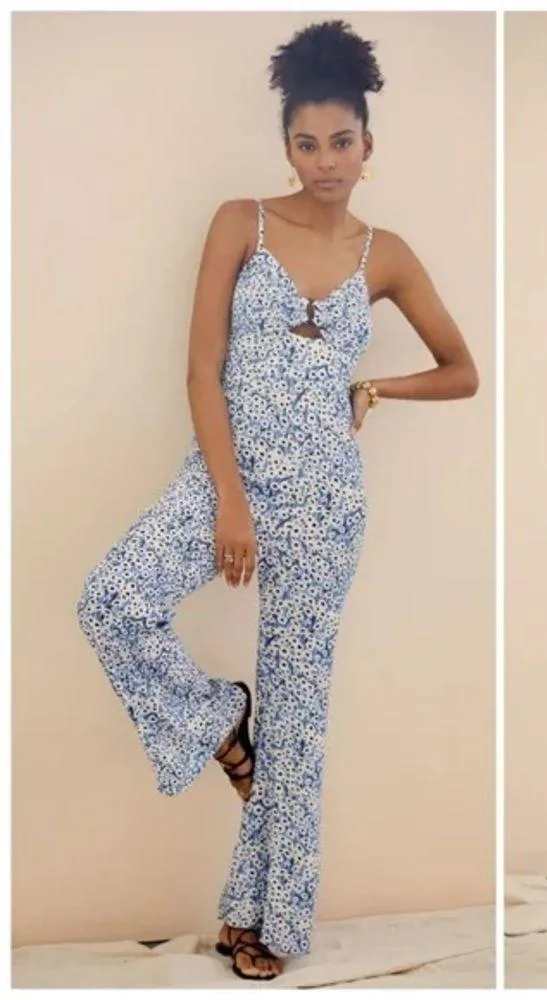 Anthropologie Hutch Blue Motif Ditsy Floral Print Wide Leg Jumpsuit Size Small - Image 13