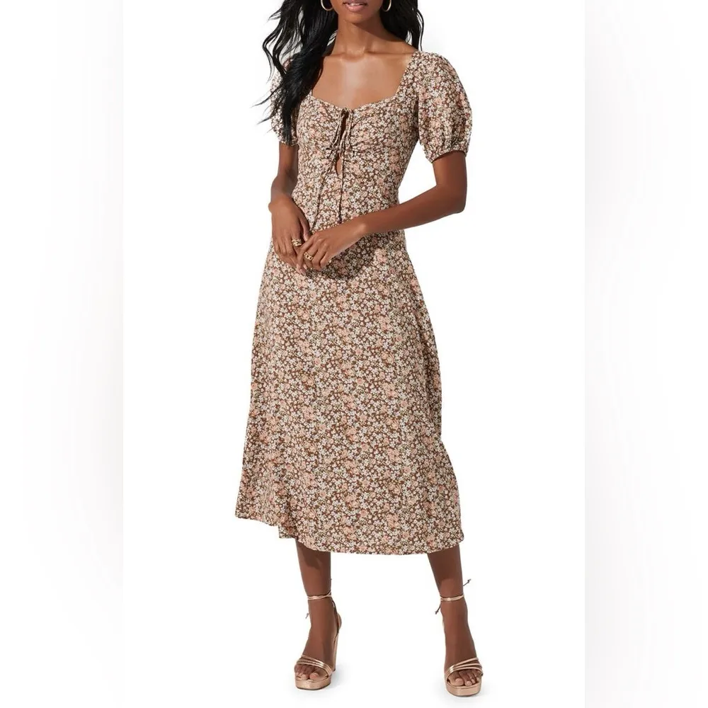 ASTR Lace Up Puff Sleeve Midi Dress in Brown Floral Size Small NWT - Image 2
