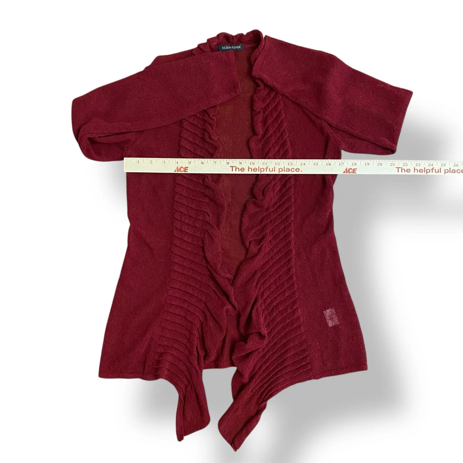 Eileen Fisher Wine Red Linen Blend Open Knit Open Front Ruffle Cardigan Size‎ XS - Image 3
