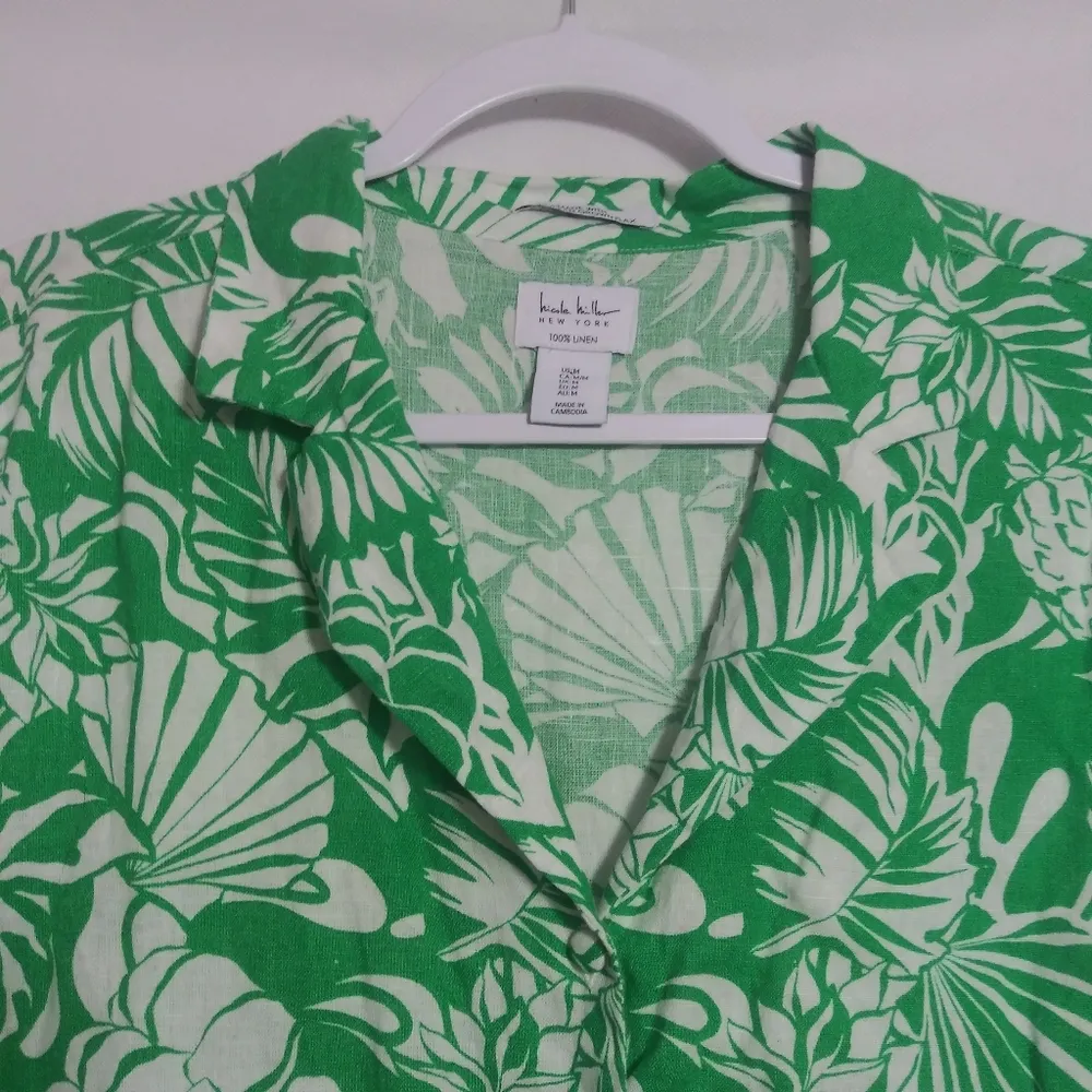 Nicole Miller Green Tropical Flax Linen Short Sleeve Button Up Boxy Blouse Sz M - Image 2