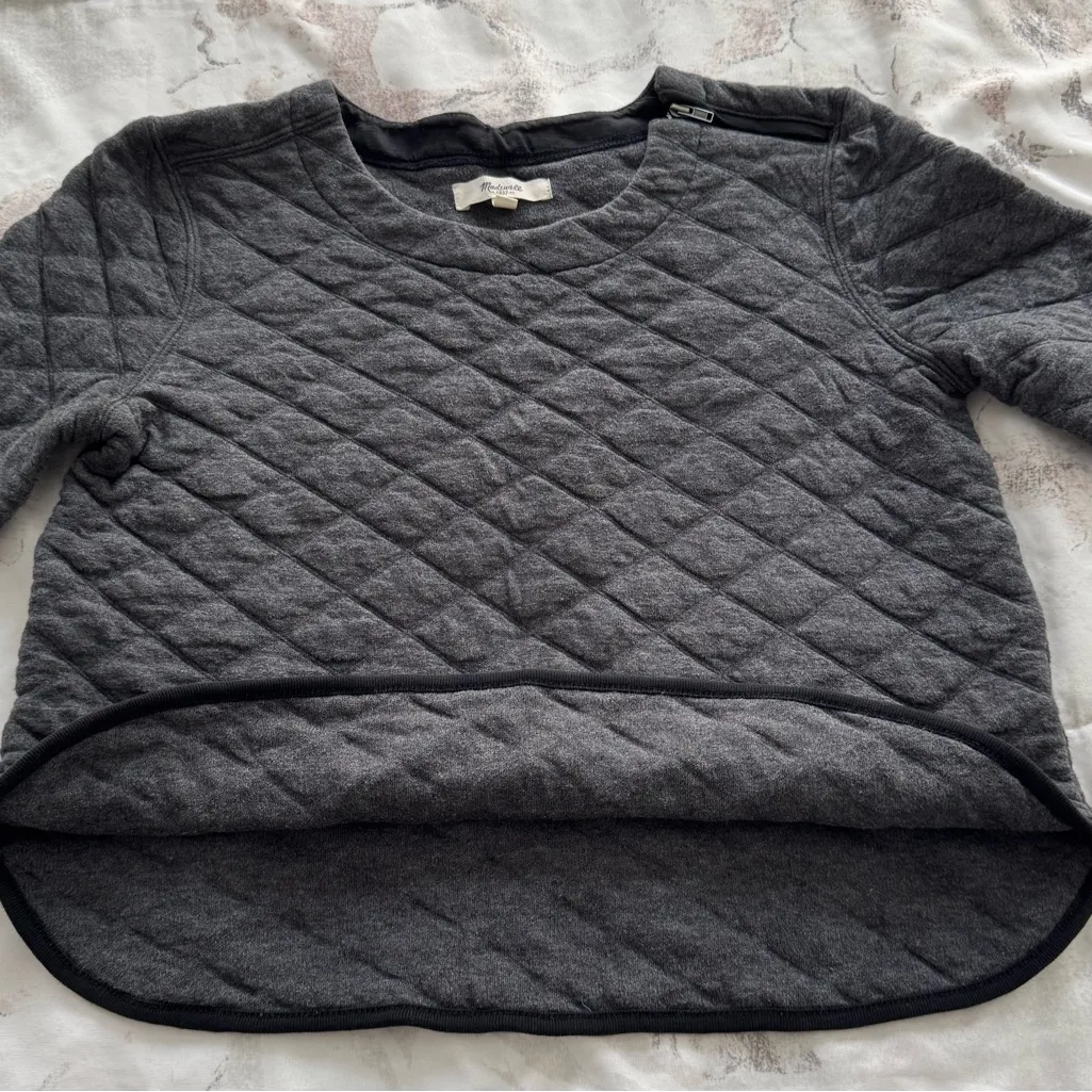 Madewell gray quilted zip shoulder cotton sweater, size XS boho cropped winter - Image 10