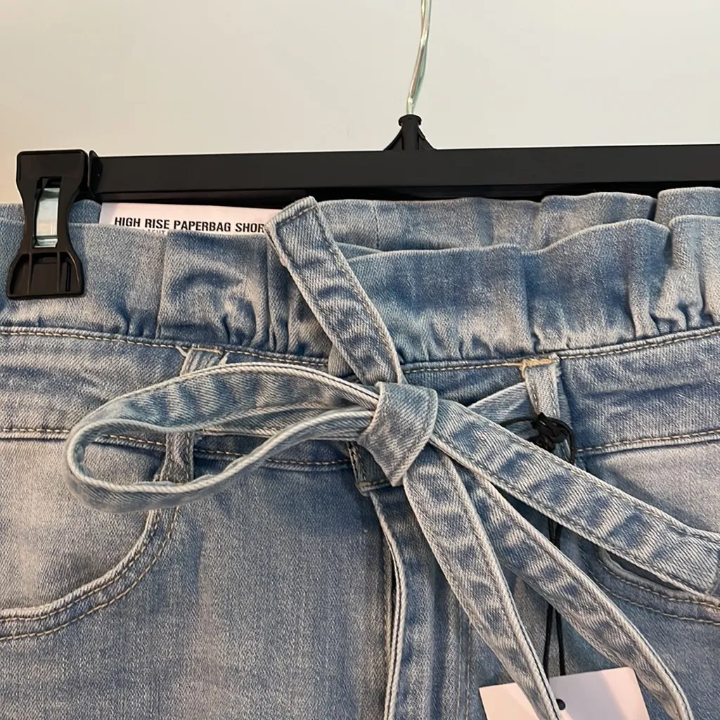 Black Label High Rise Paperbag Shorts Light‎ Wash Tie Waist Denim Womens Large - Image 4