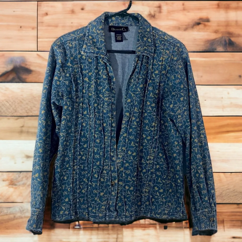 Denim and Co Vintage Blue Jean Pleated Khaki Floral Vine Jacket Womens Medium - Image 7