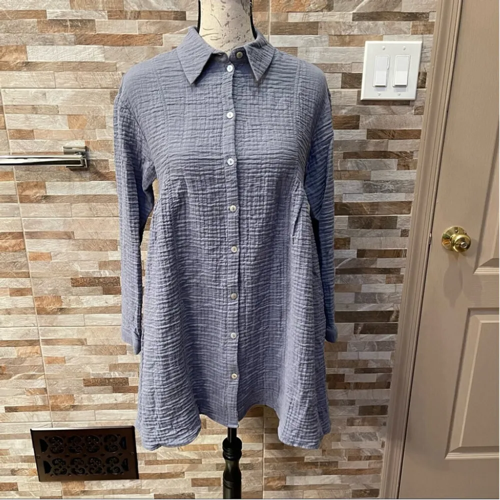 ZARA Crinkled Cotton Shirt Dress Grayish Blue XSmall - Image 5