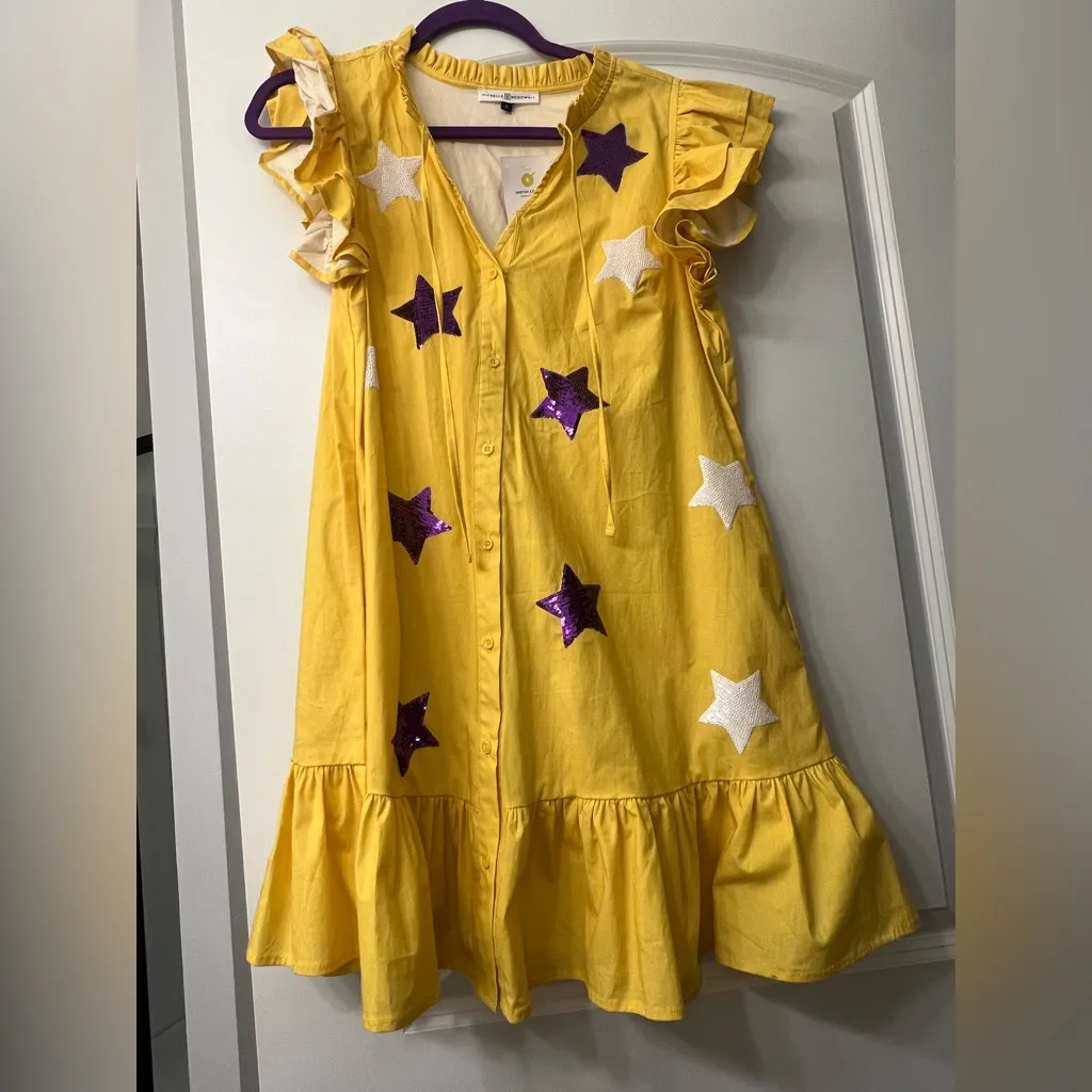 Yellow Starry Mini Dress with Ruffle Sleeves - Image 2