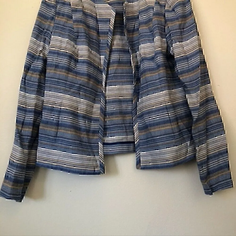 LAUNDRY BY SHELLI SEGAL Blue White Tan Striped Tweed Open Front Blazer Jacket 14 - Image 4