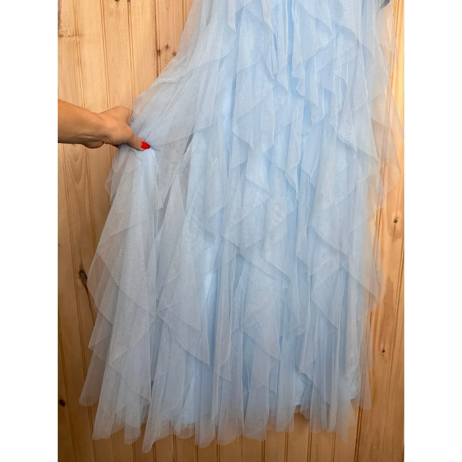 NWT Lulus Delightful Beauty Blue Mesh Strapless Ruched Ruffled Maxi Dress Sz S - Image 7