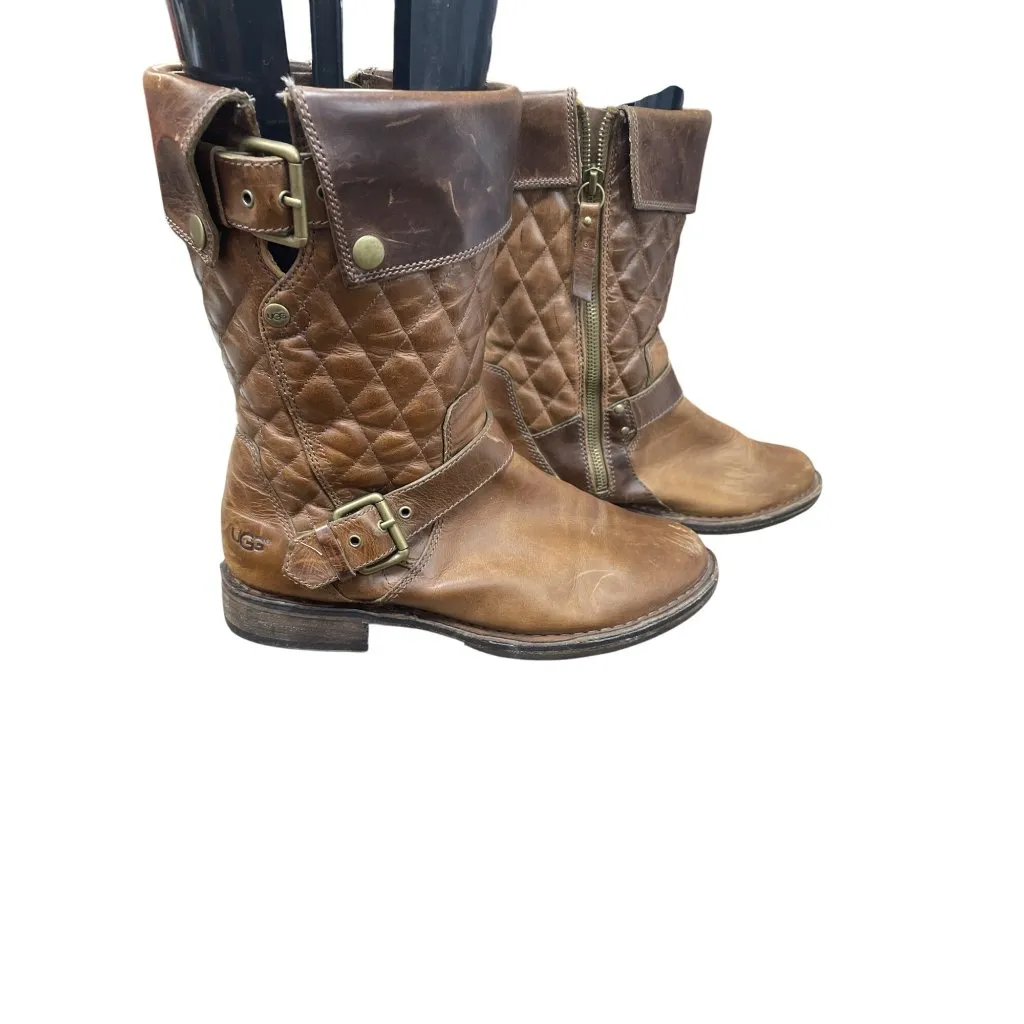 UGG Womans Brown Leather Moto Quilted Mid Calf Boots Sz 7.5 SKU 9475 - Image 4
