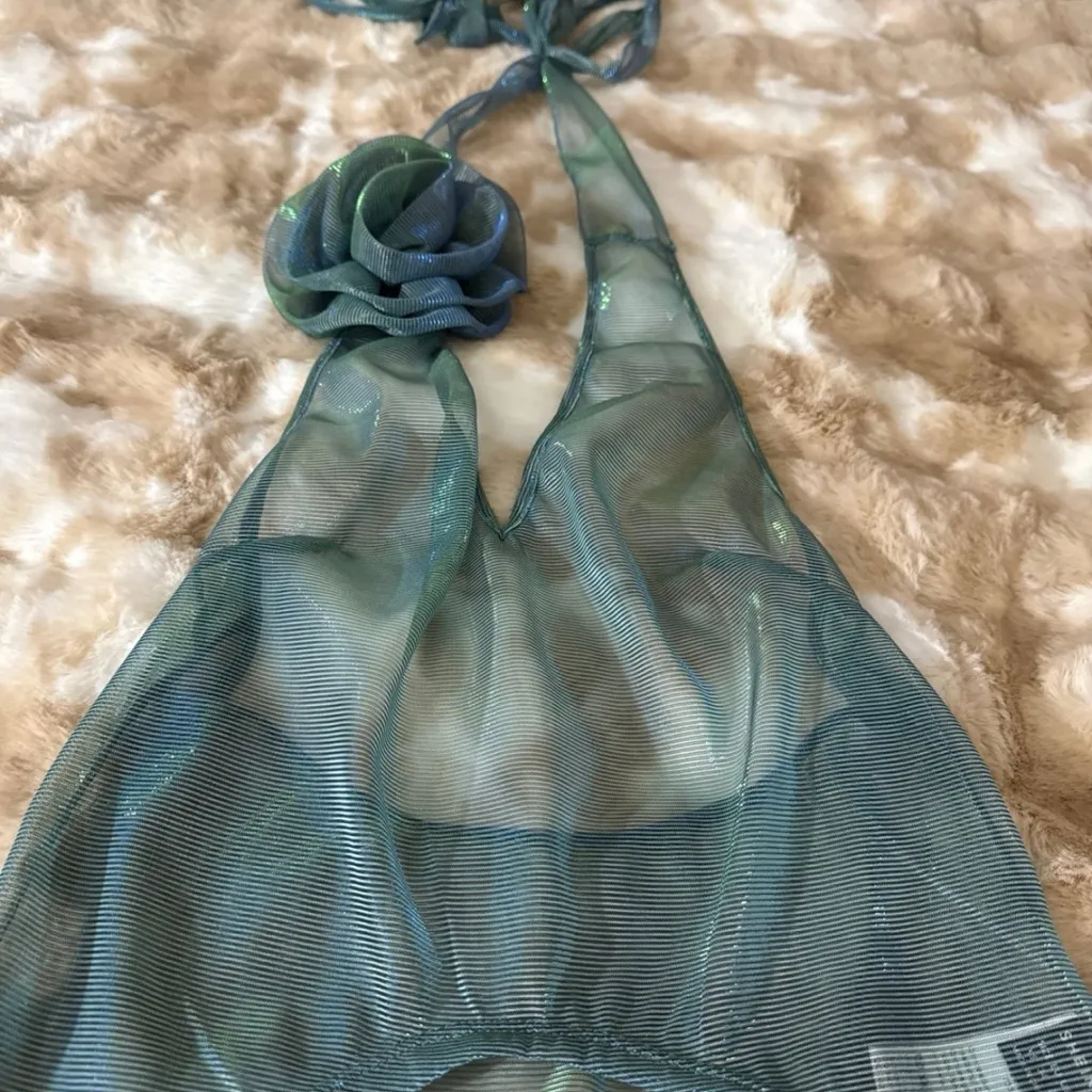 Sheer Halter Top with Floral Accent Green Size XS - Image 3