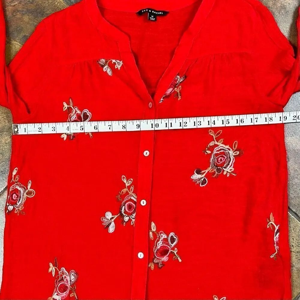 Zac & Rachel Floral Retro Button Up Long Sleeve Top Medium Red - Image 7