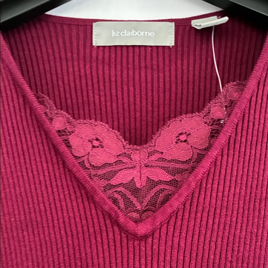 Liz Claiborne Women’s Burgundy Red Knit Top Lace Accents Medium - Image 8