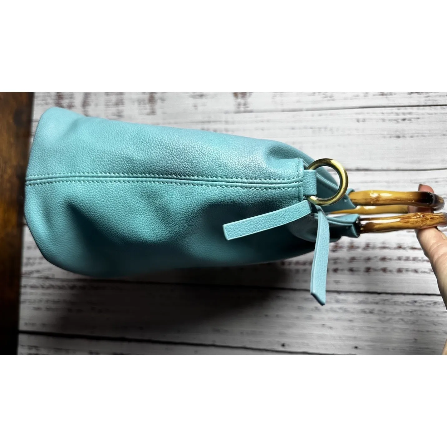 JOY SUSAN Stacey Bamboo Hand Tote Bag Vegan Leather Turquoise New Crossbody - Image 11