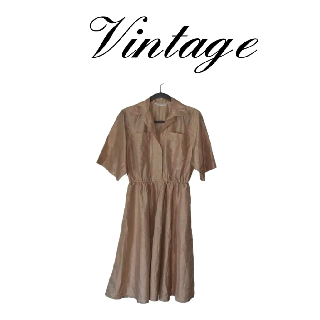 Utility Vintage 80s Button Down Fit and Flare Khaki Belted Shirtdress pockets - Image 2