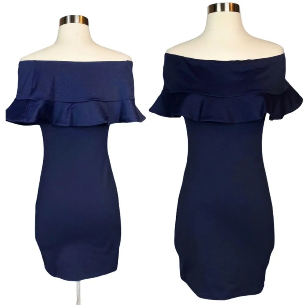 SUSANA MONACO Off Shoulder Dress Hannah Ruffles Jersey Knit Midnight Navy XS NWT - Image 3