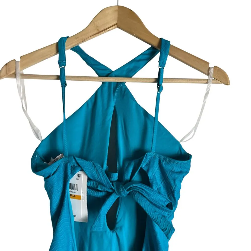 Becca Vibes Tessa Texture Crossover High Neck One-Piece Swimsuit Gulf Blue Small - Image 8