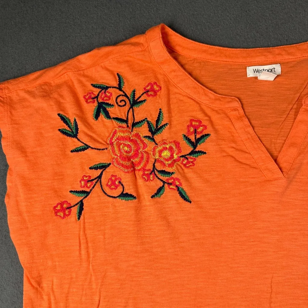 Westport‎ Womens XL Orange Floral Embroidered Split V-Neck Short Sleeve T-Shirt - Image 3