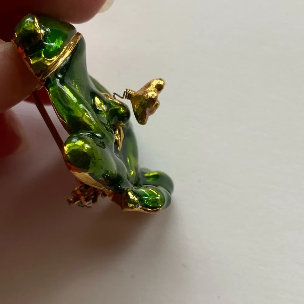 Signed Lia Lianna VTG 1980s Enamel Crystal Frog En tremblan Flower Pin Brooch - Image 5