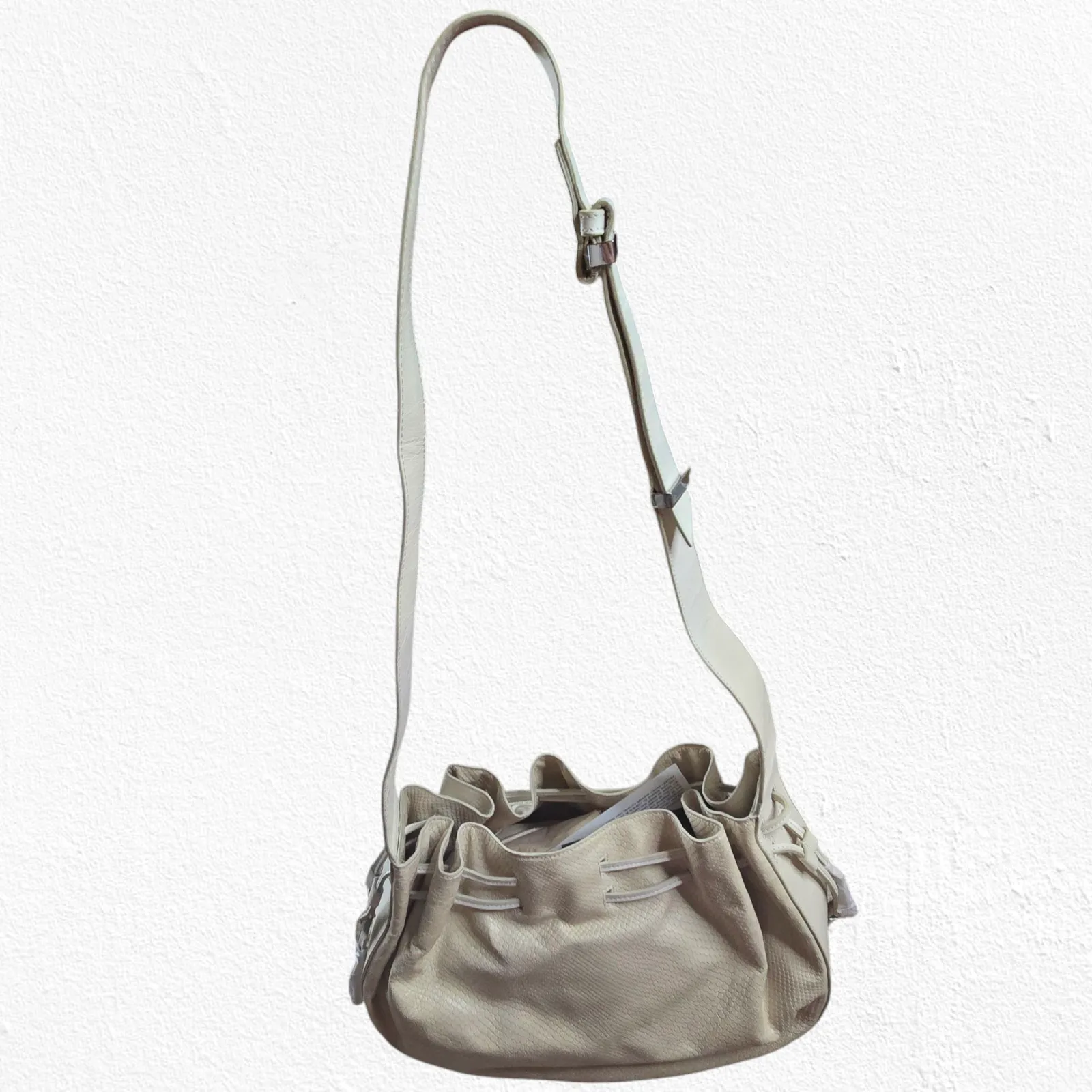 Halston Heritage Snakeskin Leather Drawstring Shoulder Bag Ivory Designer Purse - Image 16