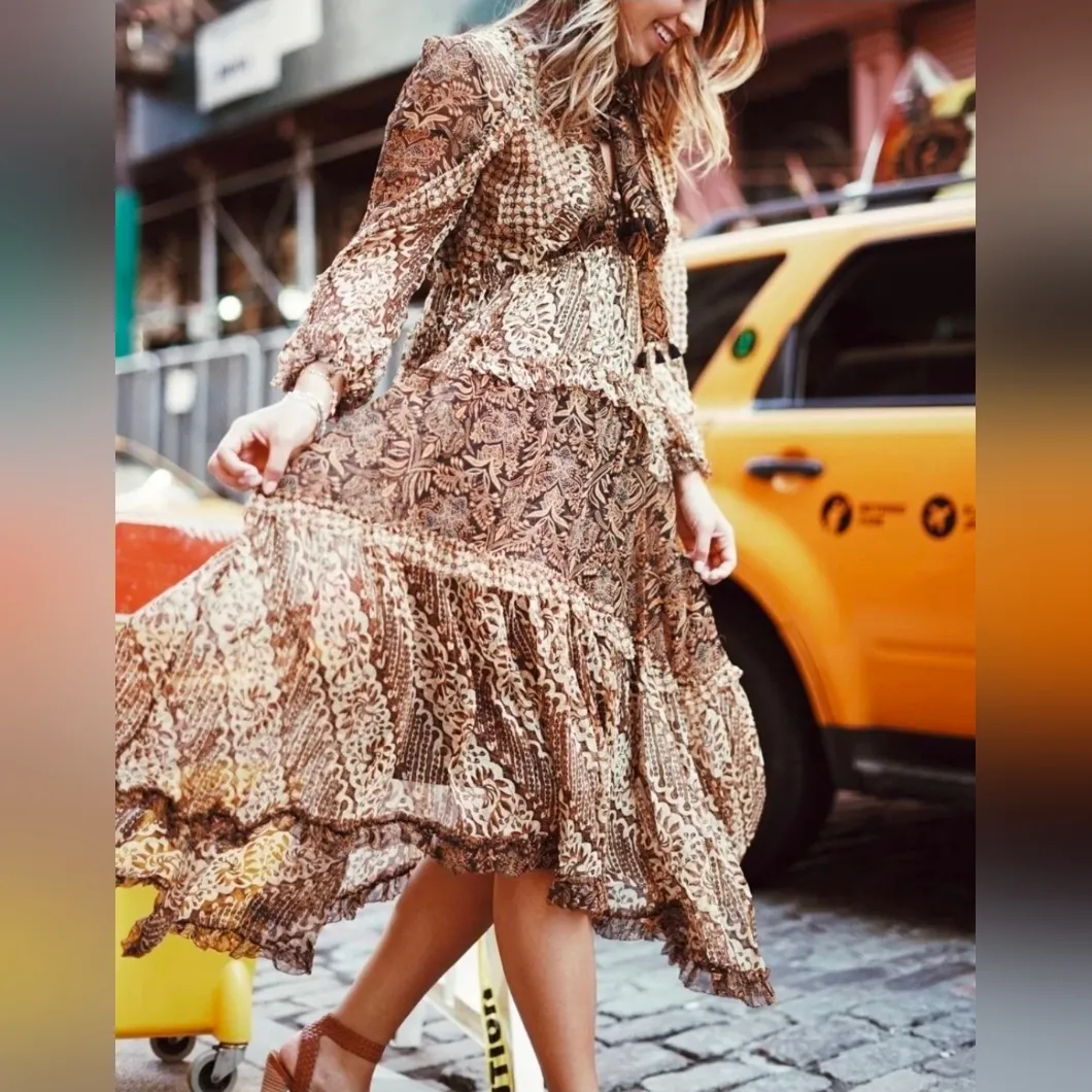 Zimmermann Brown and Cream Long Sleeve Midi Dress Size 0 - Image 2