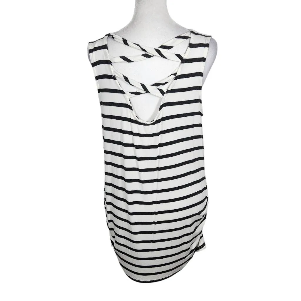 Loveappella  Black and White Stripe Sleeveless Tunic with Side Ruching Size Large - Image 2