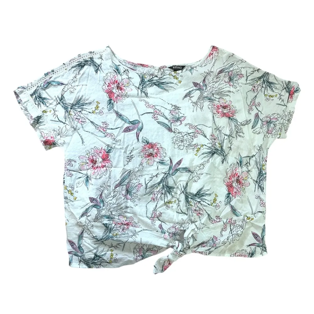 BUFFALO David Bitton Top Women Size Large Short Sleeve White Floral Front Tie - Image 2