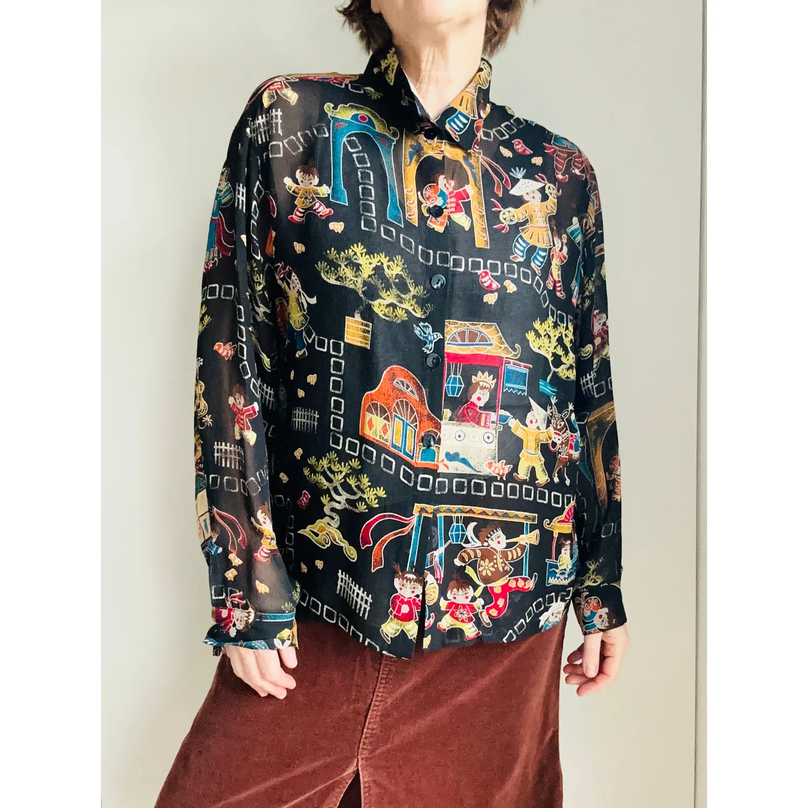 Vintage 90s Silk Asian Print Blouse Black/Multi Size 3/ Large Chicos Sheer - Image 7