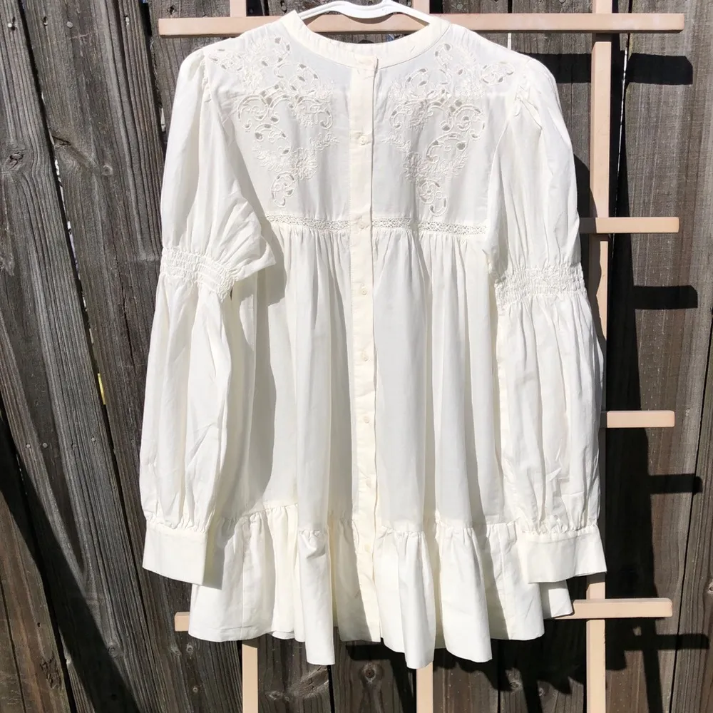Zara White Embroidered Long Sleeved Loose Blouse S - Image 3