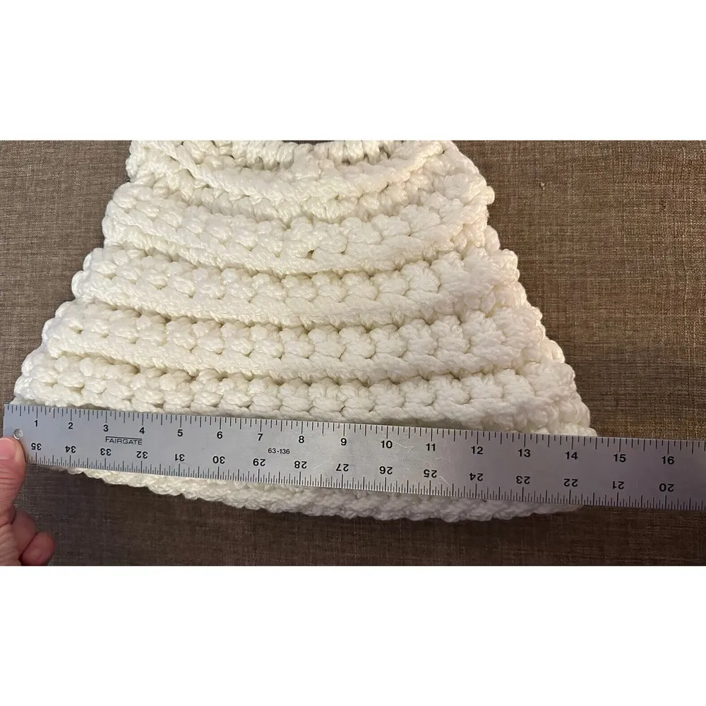 Crochet Purse Bag Plastic Handles Ivory Knit Handmade Vintage Boho Festival - Image 5