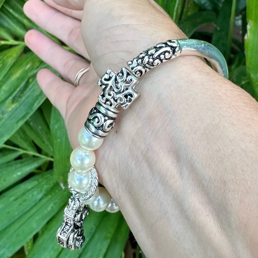 Trendy Boutique Silver Pearl Cross stretch Women’s Bracelet Statement Jewelry - Image 4