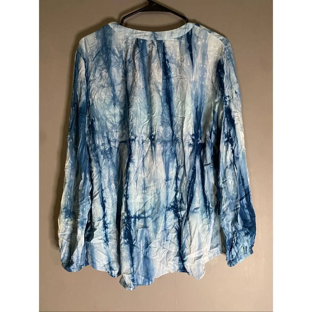 Chelsea & Theodore Tie Dye V Neck Button Up Long Sleeve Elastic Cuffs XL Blue - Image 5
