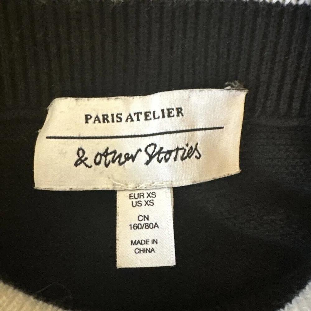 & Other Stories Women Ruffle Neck Cuff Sweater XS Black White Stripe Cotton Wool - Image 7