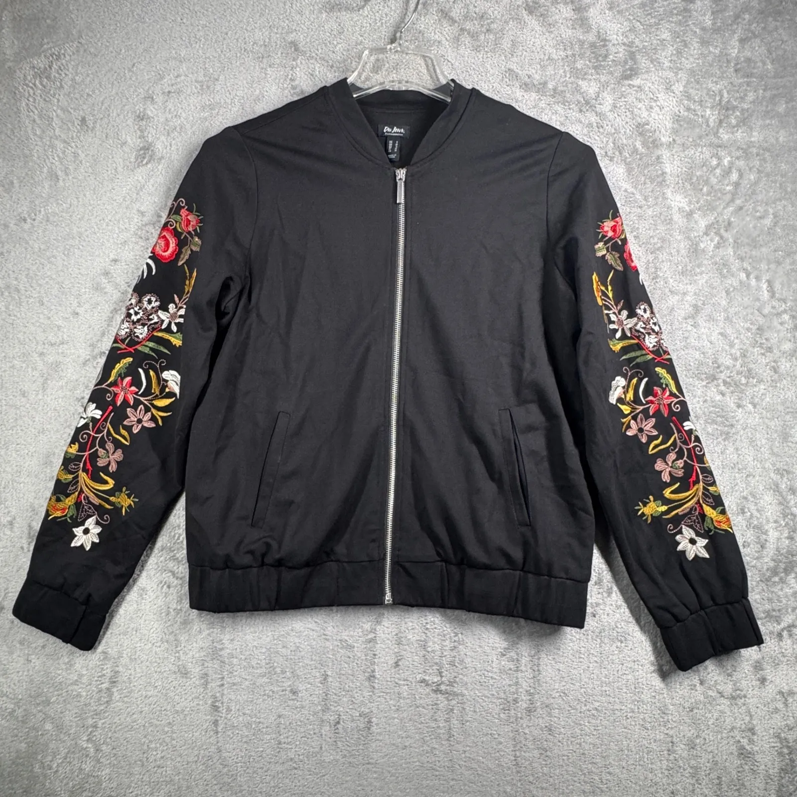 Du Jour Embroidered Bomber Jacket Womens S Black Floral Boho Festival Streetwear - Image 2