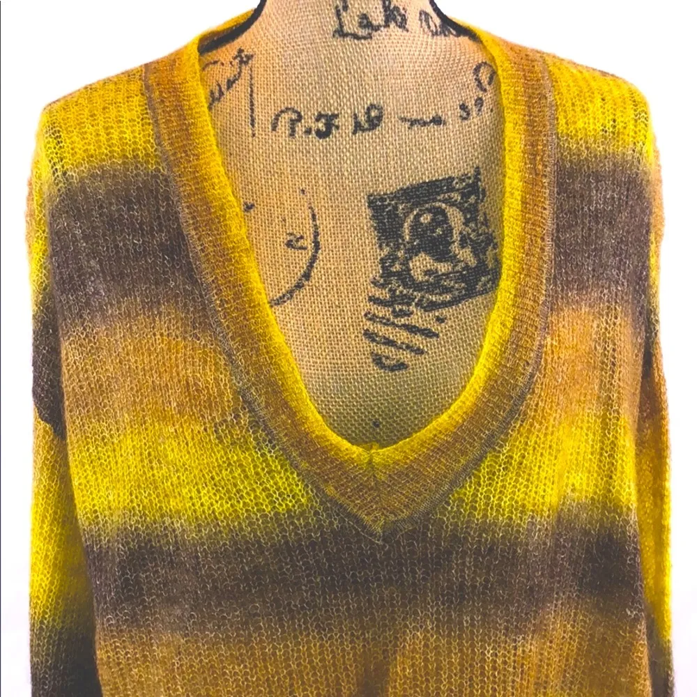 the label sweater yellow & brown striped plunging V neck size S NWT - Image 2