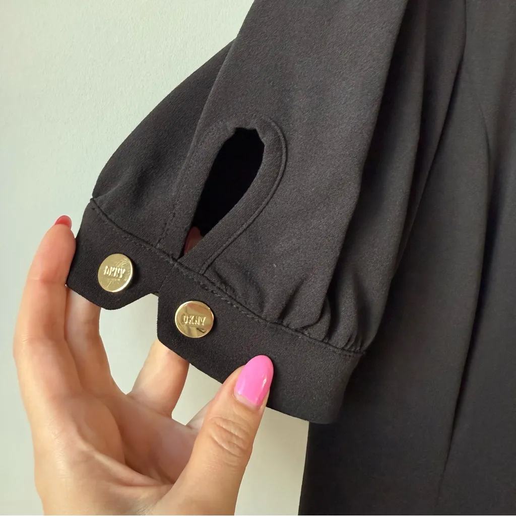 DKNY Gold Tone Button Sleeve Fit And Flare Dress Black 8 - Image 7