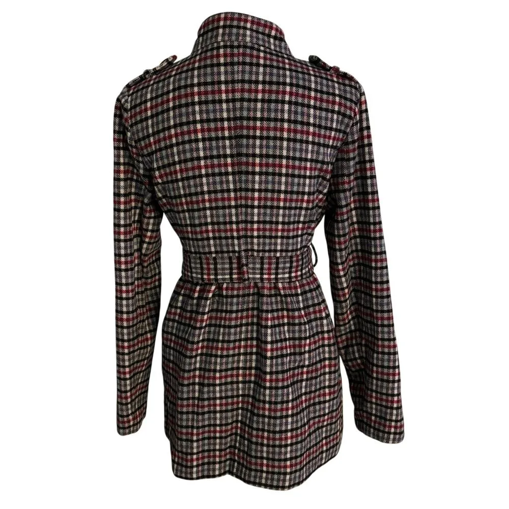 Tulle Size L Plaid Tweed Coat Belted Y2K Pockets Lined Black Size L - Image 2