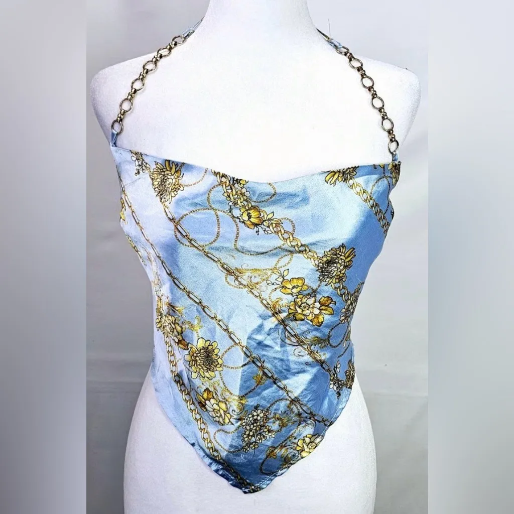 J for Justify Blue and Gold tie back handkerchief top - Image 2